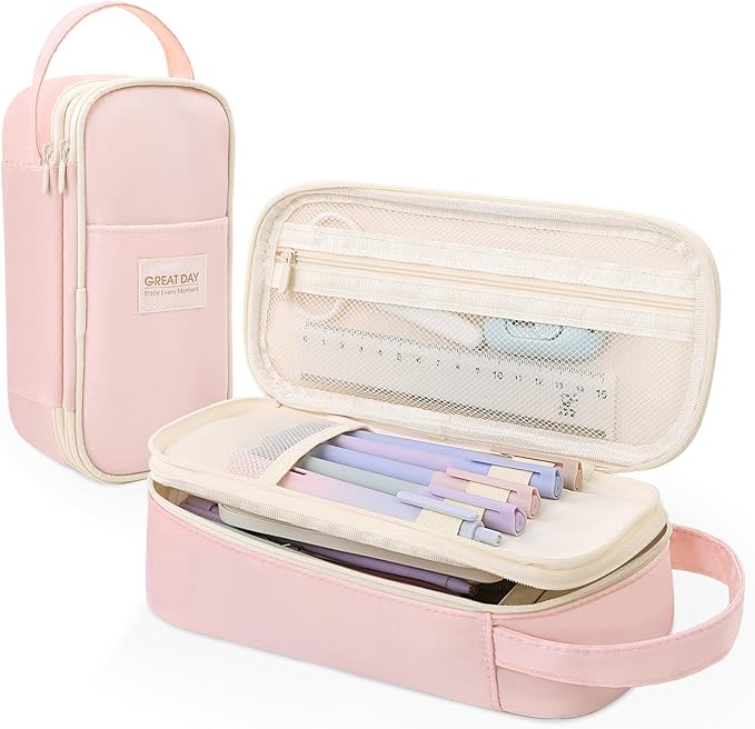 SKYDUE Pink Pencil Case for Girls - Aesthetic Pencil Bag with Multi-Compartment, Large Capacity Zippered Pencil Pouch for School Supply