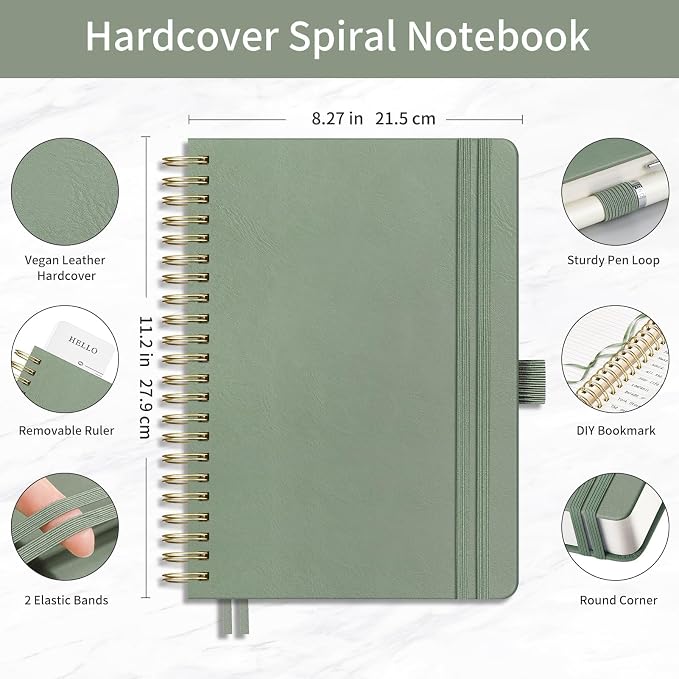 EMSHOI Lined Spiral Journal Notebook, 300 Numbered Pages, A4 (8.2"x11.2") | College Ruled, Leather Hardcover, 100 GSM Thick Paper, for School, Writing, Work, Office & Journaling (Light Green)