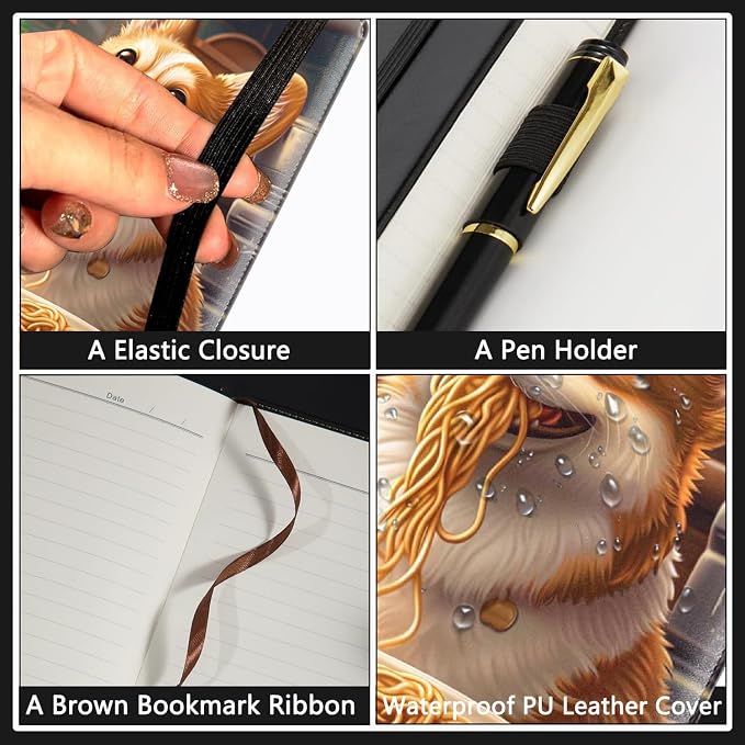 A5 Leather Lined Journal Notebook, 200 Pages Hardcover Executive Notebook for Men Women Office School Note Taking, Thick Writing Paper Daily Journal with Bookmarks/Indexes,Corgi Dog Eating Ramen