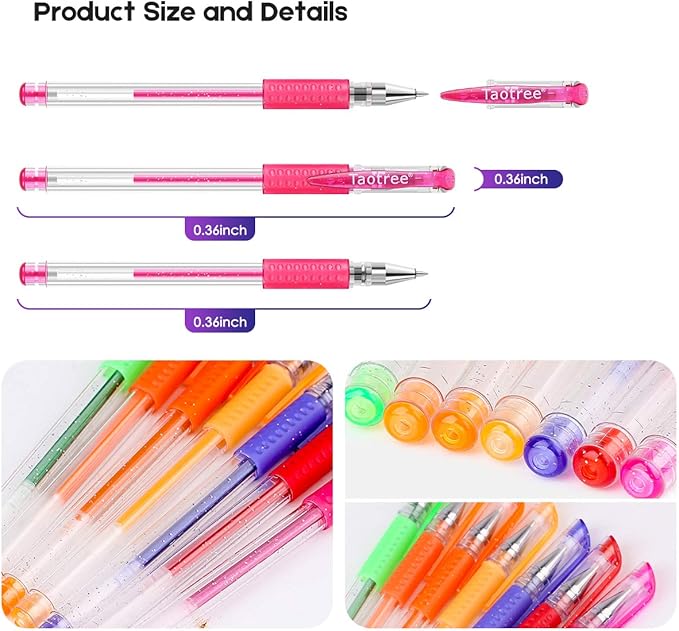Taotree Glitter Gel Pens, 32 Colors Neon Glitter Pens, Colored Gel Markers | 40% More Ink Fine Point Art Markers Set for Adult Coloring Books, Drawing Art Supplies, School Journaling, Scrapbook Supplies