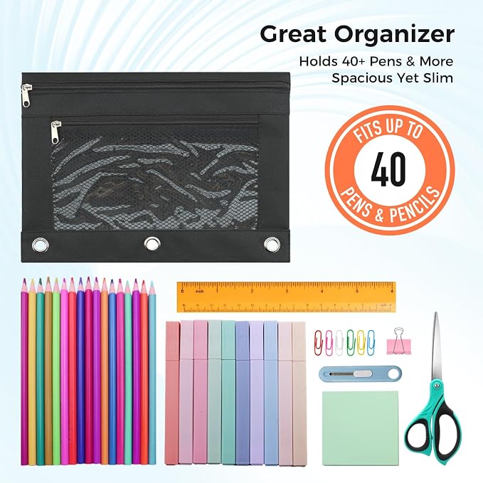 Pencil Pouch for 3 Ring Binder, Pencil Case Bag with Zipper, 600D Fabric Pencil Pouch Holder Accessories, Clear Window Pencil Case Aesthetic Back to School Organizer Pockets for Boy Girl (Black)
