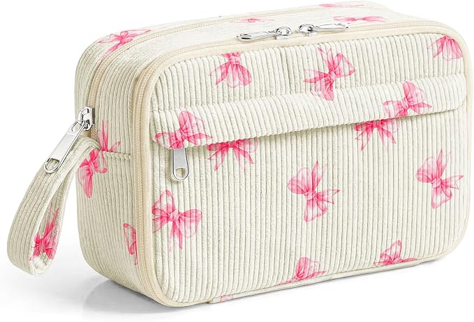 WOBAGMEN Cute Pencil Case,Large Corduroy Zippered Pencil Case Pouch, aesthetic Pencil Bag with Compartments, Pencil Pouch School Supplies (Pink Big Bow)