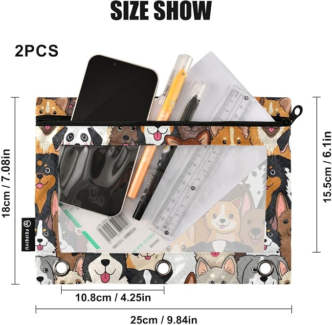 ALAZA Pencil Pouch for 3 Ring Binder, Cute Doodle Dog Animal Binder Pencil Pouches with Clear Window Zipper Pencil Case Cosmetic Bags for Office College Supplies, 2PCS