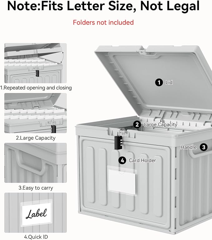 Oterri Lockable Plastic File Box with Lid for Letter-Size | Hanging File Folders Not Included. Grey, Large 2-Pack. Home, Office, Classroom, Dorm, Tax, Under Bed, Filing Cabinet.