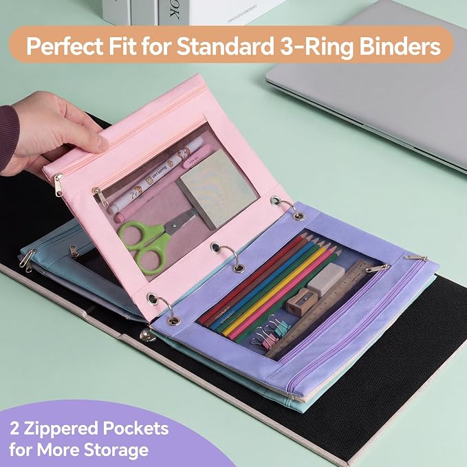 Lanpn 36 Pcs Pencil Pouch for 3 Ring Binder, 2 Pocket Zipper Binder Pouch Bulk, Pastel Binders Pencil Case, School Supplies for Boy Girl Student, Reinforced Grommets, Clear Window, Micro Mesh