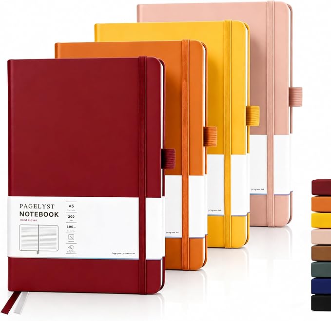PAGELYST Lined Journal Notebook, 4 Pack Leather Journal for Women Men, 200 Numbered Pages, A5 Medium 5.7'' x 8.3'', 100 GSM Thick Paper for Journaling, Writing, Work & Office (Pastel & Bright Set)
