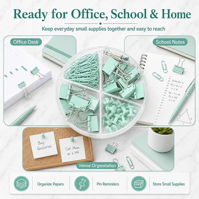 Paper Binder and Clips Set, Metal Assorted Sized Binders with Push Pins, Cute Office Supplies, Teacher Desk Must Haves, Cute Desk Accessories, Green, 1 Pack