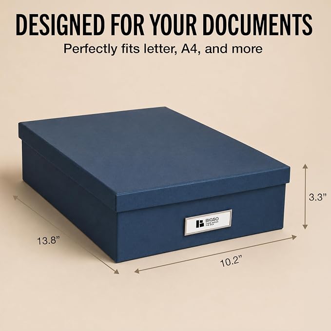 Bigso Oskar Fiberboard Label Frame Document Letter Box - File Organizer Box for Important Paperwork - Document Storage with a Lid & Metal Label Window - 3.3 in x 10.2 in x 13.8 in - Dark Blue
