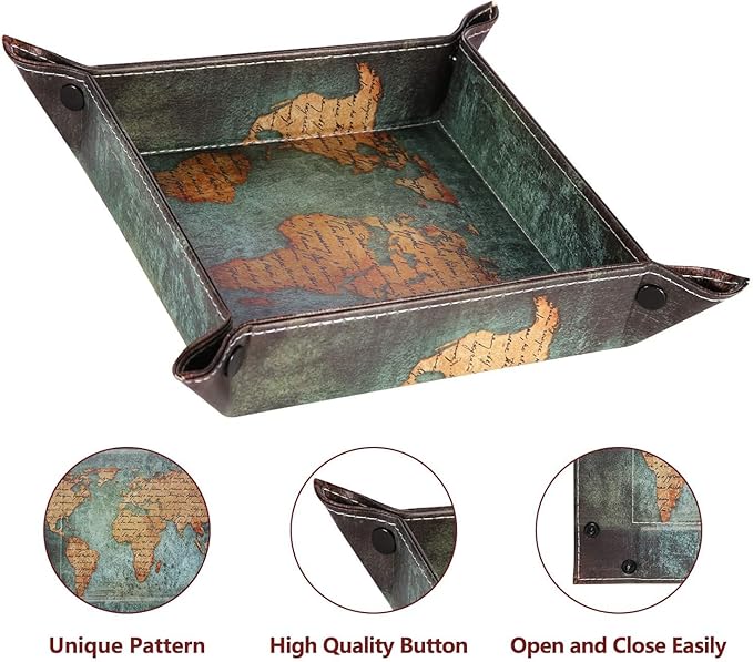 Valet Tray Desktop Storage Organizer, Vegan Leather Catchall Bedside Vanity Tray Nightstand Caddy Holder for Remote Controller, Watch, Keys, Phone, Wallet, Sunglasses, Jewelry - Map