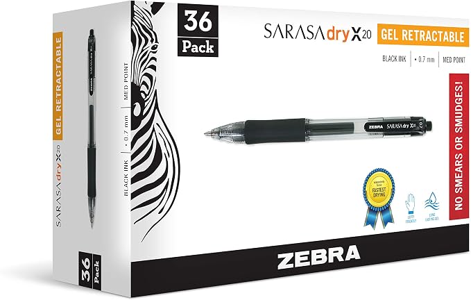 Zebra Pen SARASA X20 Retractable Gel Pen, Black Ink, 0.7mm, 36-Pack