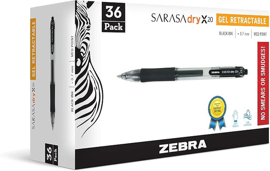 Zebra Pen SARASA X20 Retractable Gel Pen, Black Ink, 0.7mm, 36-Pack