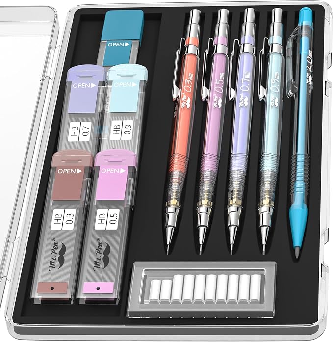 Mr. Pen- Pastel Mechanical Pencil Set, 5 Mechanical Pencils (0.3, 0.5, 0.7 | 0.9, 2.0mm), 5 HB Lead Refills & 10 Eraser Refills, Precision Drawing Pencils for Sketching, Writing & Technical Artwork