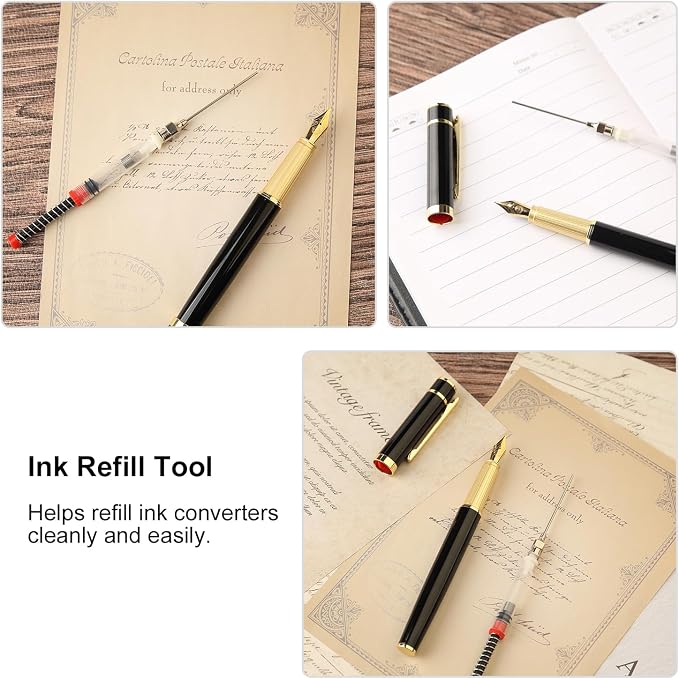 Fountain Pen Set, Elegant Executive Fine Nib Pen with Ink Converter, Refill Tool, Black & Assorted Cartridges, Bottled Ink, Gift for Journaling, Writing, Office and Beginners (Black & Gold)