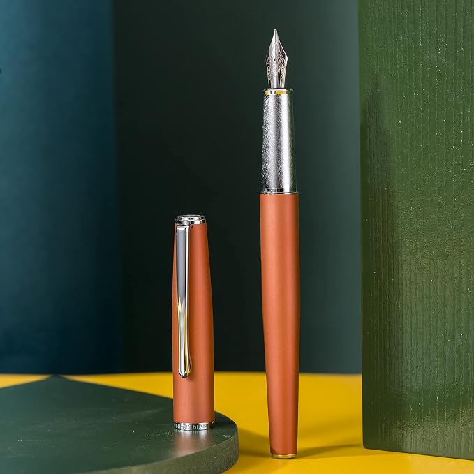 Hongdian 920 Orange Metal Fountain Pen Medium Nib Classic Pen, Includes Refillable Converter and Pen Pouch