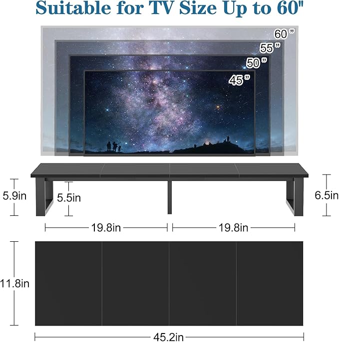 aboxoo 45" TV Riser for 32-60 inch TV, TV Shelf with Steel Legs | Black TV Riser Stand with Storage, Tabletop TV Riser for Home Living Room, Study Office, Fit TV, Monitor, Laptop
