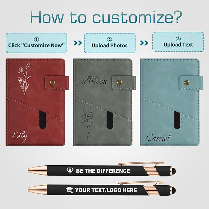 ENOMY Personalized Notebook & Pen Set PU Leather Custom A5 Notebook with Lock 200 Lined Paper Pages Luxury Gift Box for Men Women Travel College Business Gift, Light Blue