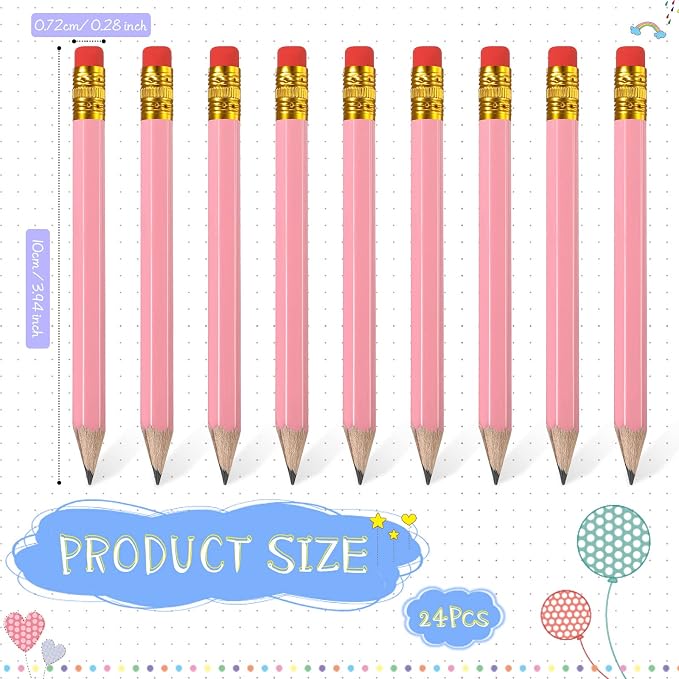 Zonon 24 Pcs Pink Golf Pencils with Erasers Mini Small Pencils Baby Shower Favors Bulk Hexagon Wooden Sharpened Half Graphite 2B for Golf Event, Wedding, Party Game, School, Company, Pew, Pocket