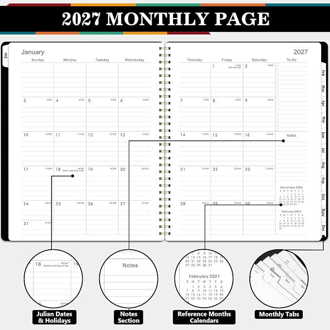2027 Weekly and Monthly Planner Calendar, January 2027 - December 2027 | 8.5" x 11", Planner 2027 with Monthly Tabs, Spiral Binding, Thick Paper, Storage Pocket - Classic Black