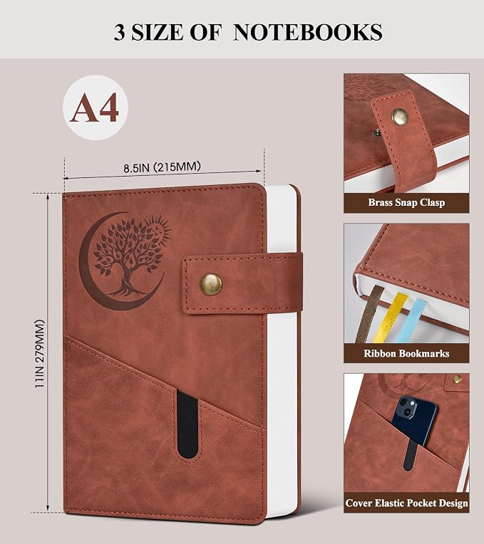 PAIBAS 8.5 x 11 Lined Notebook Journal 366 Pages Leather Journal for Men | Big notebook with 100gsm lined notebook paper college ruled, 3 ribbon bookmarks, front pocket slot & snap button.