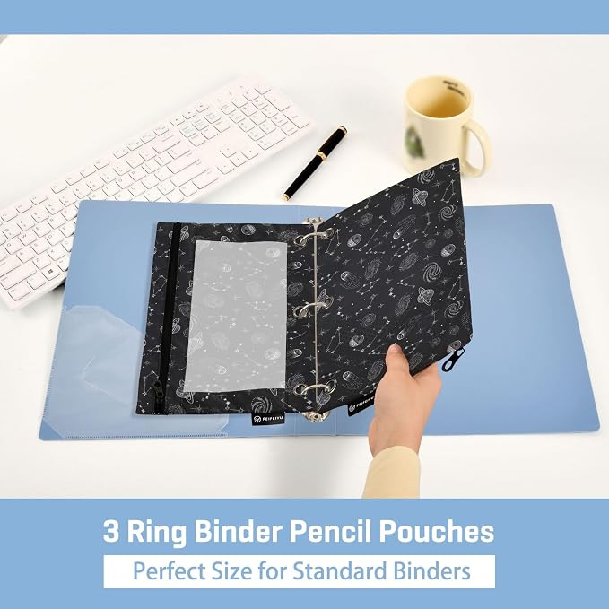 Space Planet Stars Moon Binder Pouches 3 Ring for Boys Girls School Office College Supplies Galaxy Black Universe Rocket Pencil Pouches Case Bag with Clear Window and Zipper 2 Pack