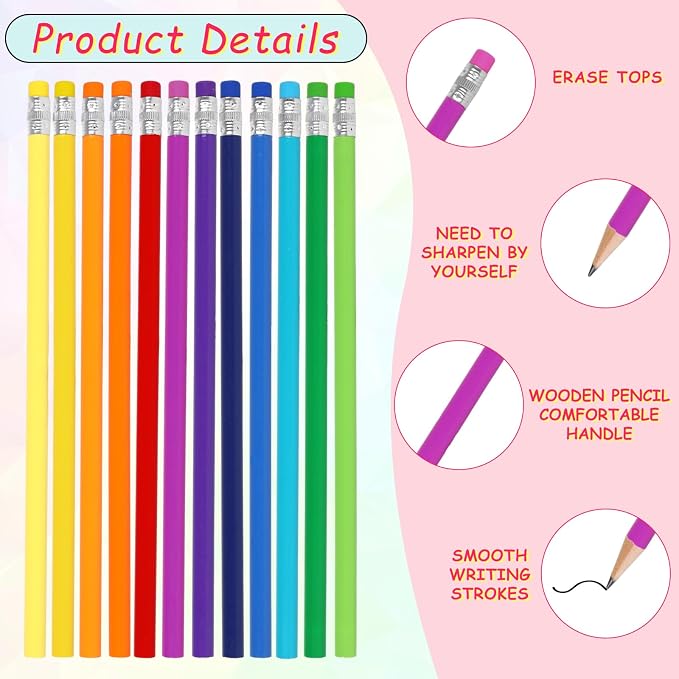 Whaline 48Pcs Colorful Pencils with Erasers Back to School Rainbow Color Wooden Pencil Unsharpened Writing Drawing Pencil for Students Graduation School Office Stationery Gift