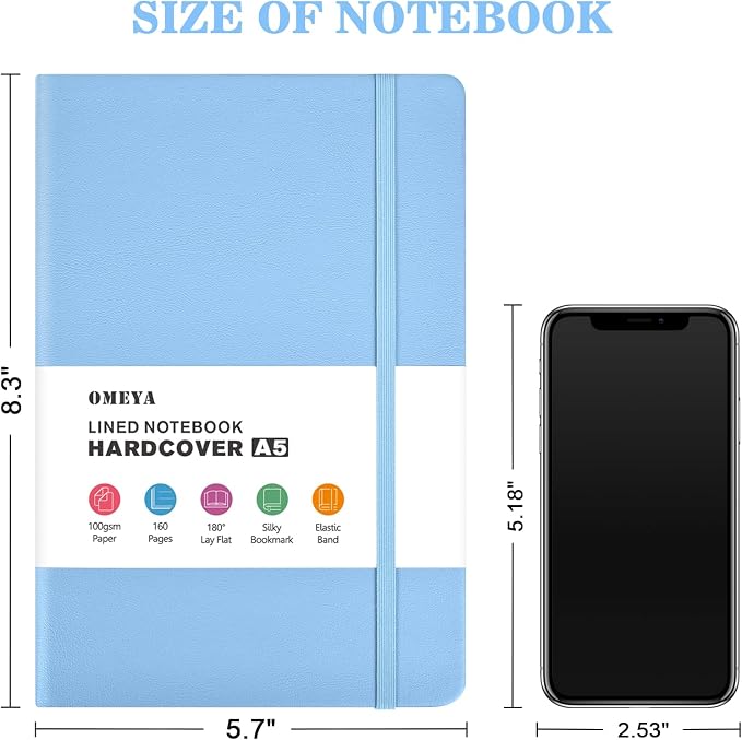 OMEYA Hardcover Journal Notebooks for Work: 4 Pack, A5 100gsm Lined Paper | Multicolor, 5.7" x 8.3", PU Leather Cover, Notebooks for Office, School, Meetings, Daily Plans and Personal Journaling