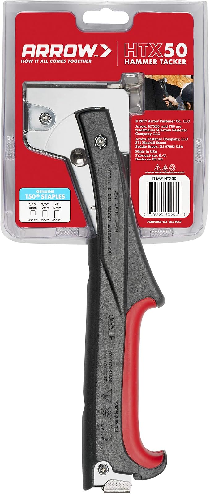Arrow HTX50 Professional Heavy Duty Hammer Tacker, Manual Stapler for Construction and Insulation, Ergonomic Grip Handle, Dual-Capacity Rear-Load Magazine, Fits 5/16”, 3/8", or 1/2" Staples , Grey