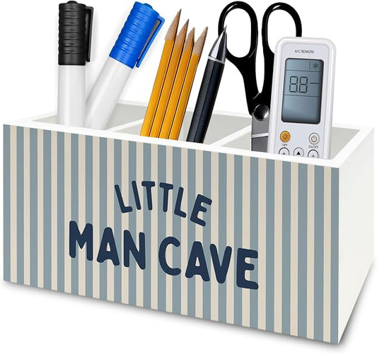 Boy Room Decor Pen Pencil Holder Organizer for Desk, Little Man Cave Retro Blue Striped Wooden Box Signs Decorations for Kids Boys Room Bedroom Playroom Desk Tabletop, Boy Nursery Decor