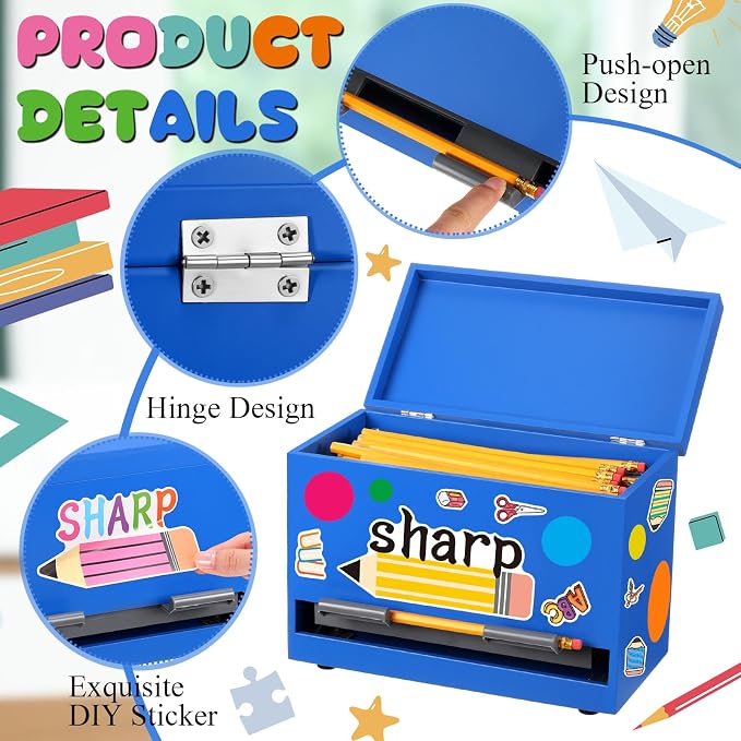 Mifoci 8 Pcs Wooden Pencil Dispenser Kit for Classroom Wooden Pen Holder Straw Dispenser Sharp and Dull Letter Stickers for Teachers Classroom Supplies Storage (Royal Blue)