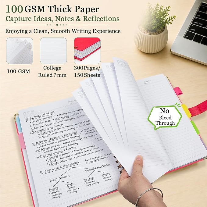 Hardcover Spiral Notebook 8''x 10'' College Ruled Notebook with Magnetic Closure, 300 Pages 5 Subject Notebooks with Pocket Dividers for Work School, B5 Leather Journal for Women, Men (Rose Red)