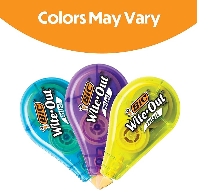 BIC Wite-Out Mini Correction Tape, White, No Dry Time, Long Lasting, 12-Count (Tape Body Colors May Vary)