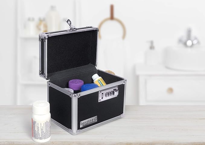 Vaultz Locking Security Box, Combination Safe for Valuables & Cash, Black | Small safe measuring 9.88 x 7 x 7.75 in, sturdy steel lockbox with reinforced corners, 3-digit combination, no keys needed