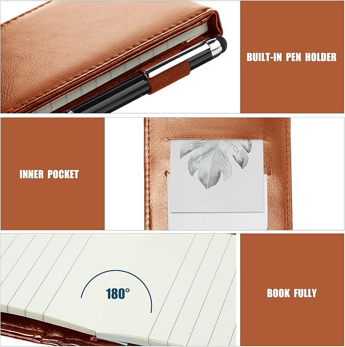 Outus 10 Pcs Mini Pocket Notepad Holder Set Included Small Leather Pocket Notebook Holder with 50 Lined Sheets, Metal Pen, 8 Pcs 3 x 5 Inch Memo Book Refills, 30 Lined Paper Per Note Pad (Brown)