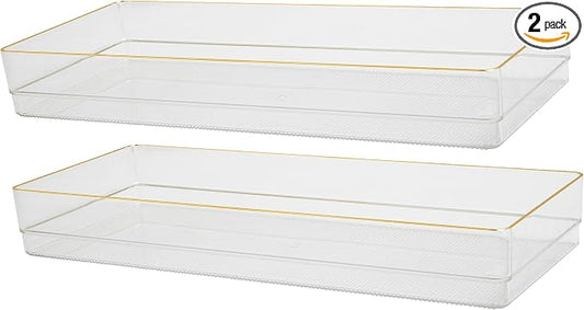 Martha Stewart Kerry Plastic Stackable Office Desk Drawer Organizers, 15" x 6", 2 Pack, with Gold Trim