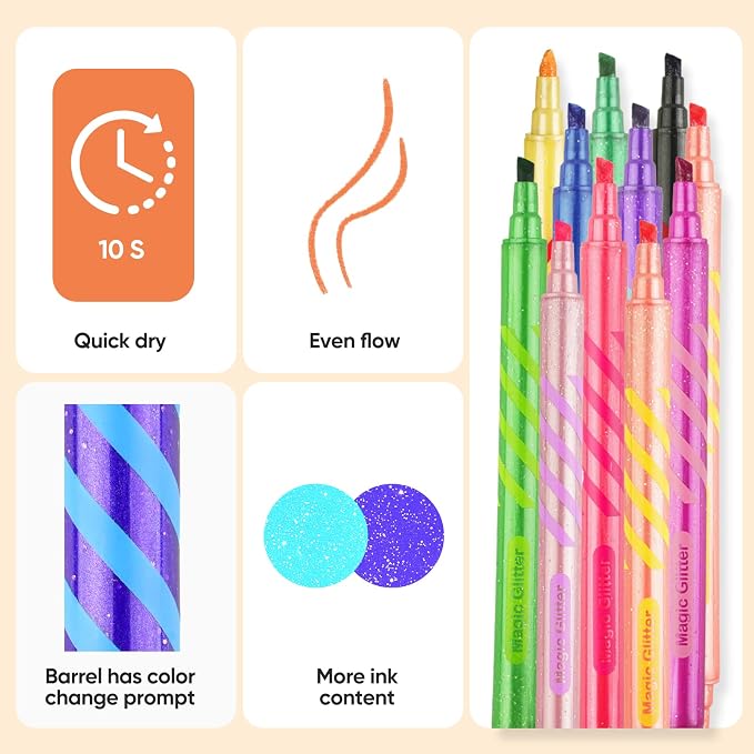 JoyCat 10-Pack Glitter Color Changing Markers for Kids, Dual Tip Magic Pens | Glitter markers use white tips for color-changing effects, art supplies for drawing, coloring, crafts and stationery sets.