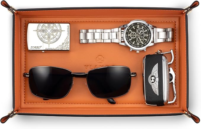VLANDO Valet Tray, Foldable PU Leather Catchall Tray, Orange Black | Travel Valet Tray for Keys, Wallet, Watch, Phone and Glasses, Nightstand Dresser Desk Entryway Organizer for Men and Women