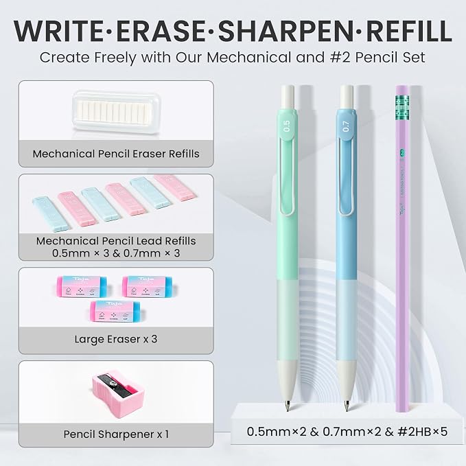 Cute Pencil Case With Supplies, 39 PCS Aesthetic Stationery Set with Pencil Pouch, 6 Black Ink Gel Pens, 12 Pastel Highlighters, 5 #2 HB Pencils, 4 Mechanical Pencils, Back to School Supplies - Black