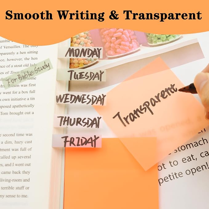 YOUDEFUL 800Pcs Transparent Sticky Notes, Bright Orange Clear Sticky Notes, 3"x3" Waterproof Translucent Sticky Note Pads, Index Tabs, Clear Post it Notes for Bible Study, See Through Sticky Notes