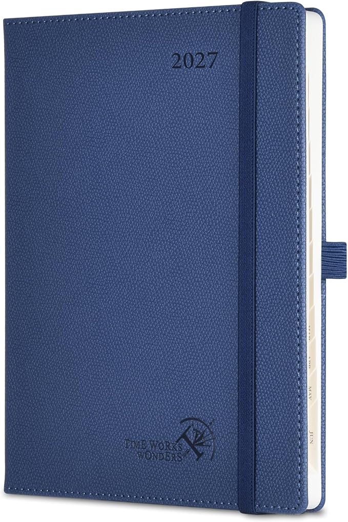 POPRUN 2027 Planner (Medium 6.75"x 8.75"), Weekly and Monthly Planner | Daily Calendar Book Jan.2027 - Dec.2027, Appointment Book with Monthly Tabs, Leather Hardcover, Inner Pocket - Navy Blue
