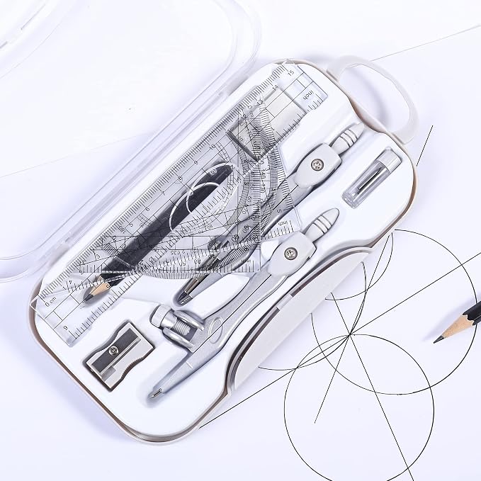 Unjoo Geometry Set 10 Pcs Student Supplies, Protractor and Compass (Grey） | Shatterproof Storage Box,Rulers,Protractor,Compass,Eraser,Pencil Sharpener,Lead Refills,Pencil,for Classroom, Back to School