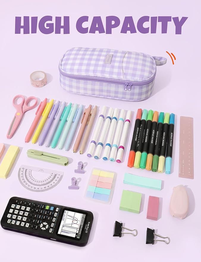 SUNEE Cute Pencil Case, Large Colored Pencil Pouch, Aesthetic Pen Bag with Zipper, Kawaii Stationery Storage and Organizer, School Supplies for Teen and Adult, Boys & Girls, Purple Checkered