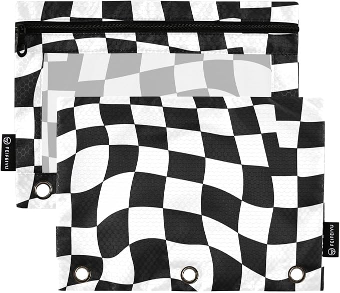 Gredecor 3 Ring Binder Pencil Pouch, Wavy Checkered Zippered Pen Case Pouches with Clear Window, 2 Pack Stylish Office & School Supplie
