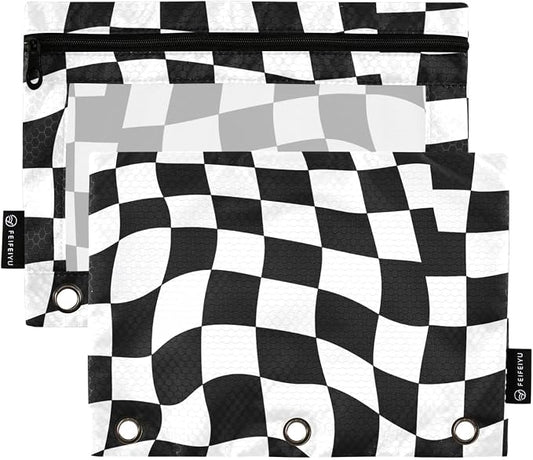 Gredecor 3 Ring Binder Pencil Pouch, Wavy Checkered Zippered Pen Case Pouches with Clear Window, 2 Pack Stylish Office & School Supplie