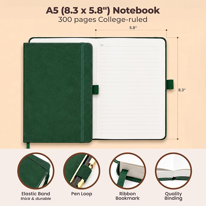 A5 Leather Bound Journal Green 5.8x8.3" Lined Notebook 300 Pages | Thick journals for writing. Premium leather bound journal and notebook for work, travel, school, daily notes, and journaling.