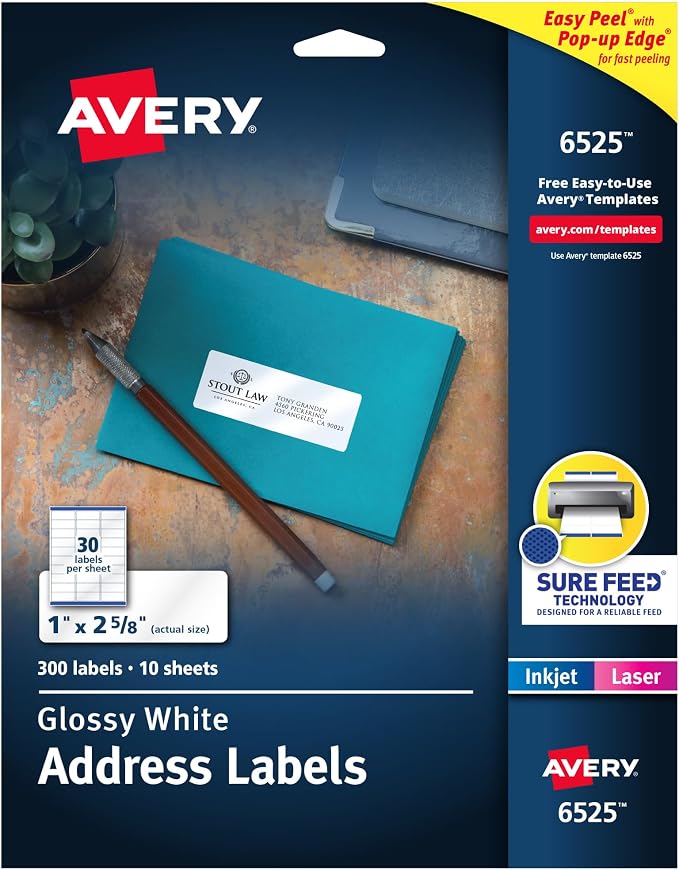 Avery Address Labels, Sure Feed and Easy Peel Technology, Glossy White Labels, 1" x 2-5/8", Permanent Adhesive, Laser/Inkjet, 300 Total (6525)