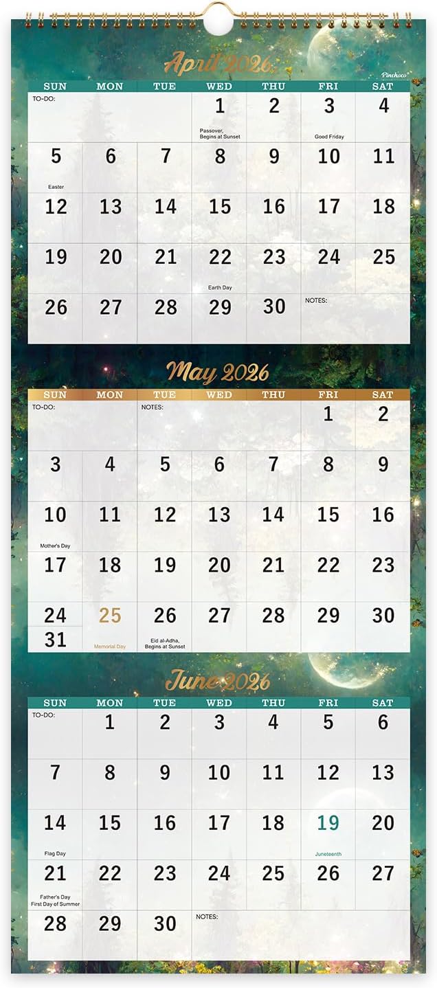 Calendar 2026-2027 - 3 Month Calendar, April 2026 - July 2027, 11"x 26" | 3 Month Wall Calendar Vertical Display (Folded in a Month), 2026-2027 Wall Calendar with Thick Paper, To-do & Notes - Green