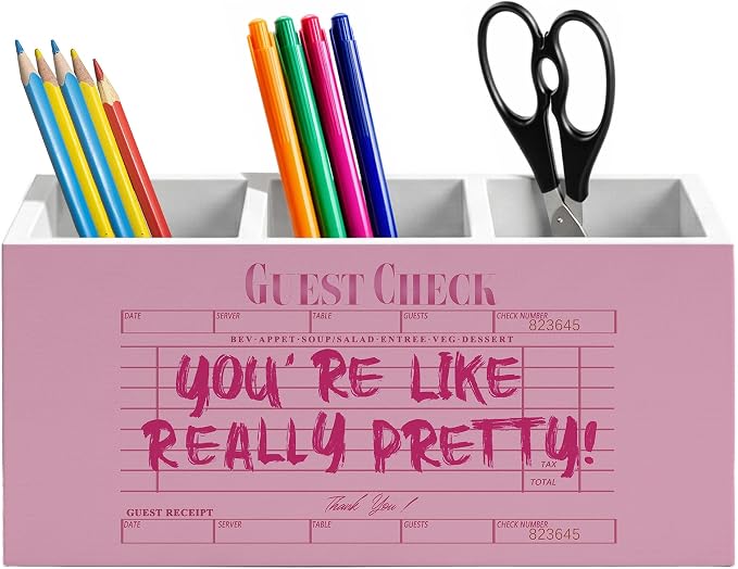 Trendy Retro Pink Pen Holder for Home Office Desk, Pink Girly Office Decor, You're Like Really Pretty Guest Check Wooden Box Sign Pencil Holder for Desk Shelf Organizer