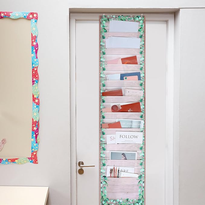 MotiMind Green Leaves 10 Pockets Wall Hanging File Folders File Storage Pocket Chart for Classroom Hanging Wall Organizer with 2 over The Door Hangers, 58" x 14" for School Classroom Office Home
