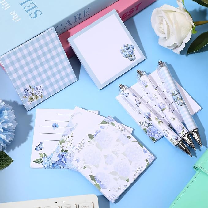 Sabary 18 Pcs Stationery Set, 12 Aesthetic Pens & 6 Sticky Notes, Valentines Gifts, Baby Shower Party, Cute Office School Supplies, Gifts for Women Students Nurses Teachers Coworker(Hydrangea)