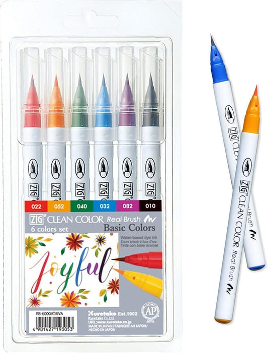 Kuretake ZIG Clean Color Real Brush Pens, 6 Colors with Flexible Brush Tips, Watercolor Pens for Painting, Drawing, Calligraphy and Brush Lettering for Artists and Beginner Painters, Made in Japan